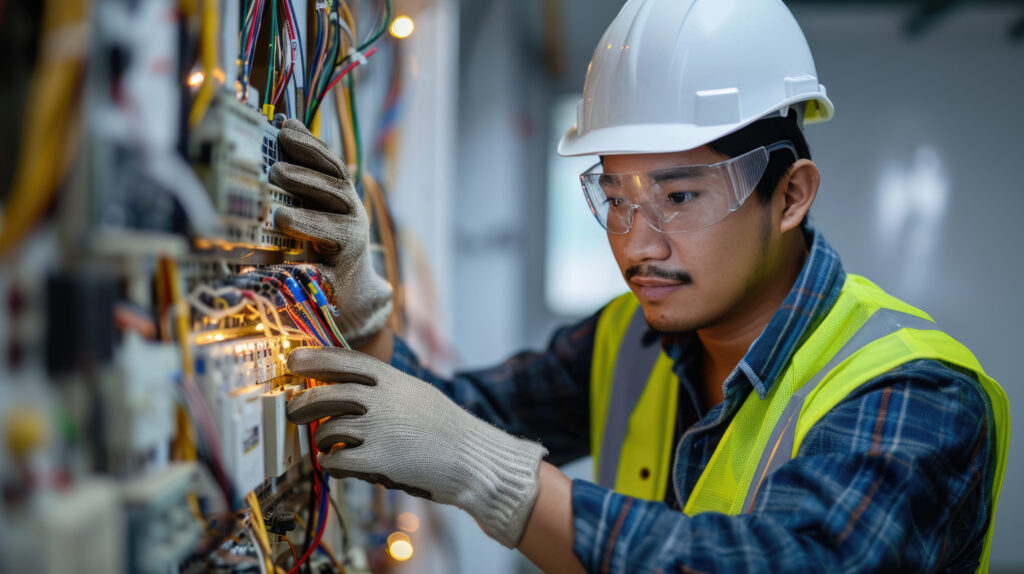focused electrician yellow safety helmet meticulously works complex electrical panel