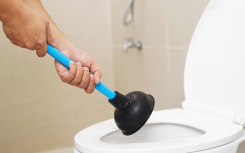 Person using a black rubber plunger to clear toilet choke.